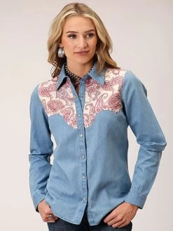 Roper 03-050-0594-3030 Womens Long Sleeve Denim Retro Shirt Blue