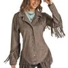 Panhandle 52-1085 Womens Micro Suede Fringe With Welt Pockets And Snaps Jacket Charcoal -Western Cowboy Equipment 52 1085 front