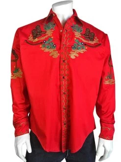 Front Page 10 Rockmount 6842-RED Mens Cactus & Cowboy Boots Embroidered Western Shirt Red