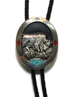 Western Express BT-253 Bison Bolo Tie With Turquoise & Coral Inlay