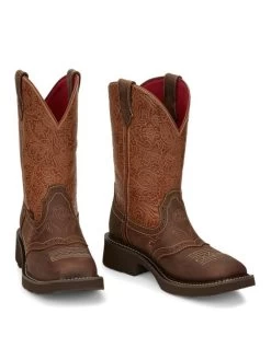 Justin GY9530 Womens Embossed Floral Cowhide Starlina Western Boot Tan