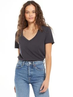 Z Supply ZT201273 Womens ORGANIC COTTON V-Neck Relaxed Fit Tee Washed Black