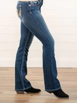 Miss Me M3080B26 Women's Angel Wings Chloe Mid Rise Boot Cut Dark Blue