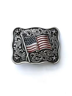 Nocona 37706 Kids Rectangle Smooth Edge Scroll Stars USA Flag Belt Buckle Kids - B