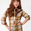 Roper 6003OR Girls Fancy Applique LS Western Plaid Shirt Cream