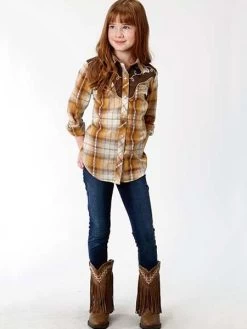 Roper 6003OR Girls Fancy Applique LS Western Plaid Shirt Cream -Western Cowboy Equipment Stetson G 6003OR 3
