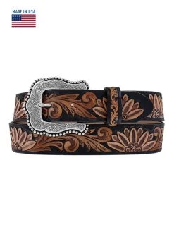 Tony Lama C51263 Womens Daisy Delheart Floral Tooled Belt Black And Tan