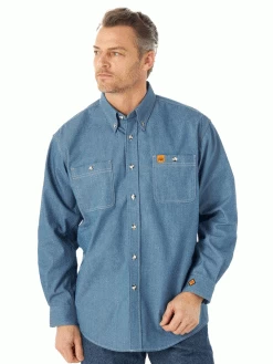Wrangler FR3W01B Mens Flame Resistant Long Sleeve Work Shirt Blue Chambray