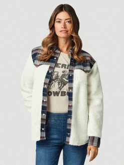 Wrangler 112321231 Womens Retro Western Boyfriend Sherpa Shirt Jacket Cozy White