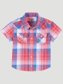 Wrangler 112315082 Infants Short Sleeve Western Snap Plaid Shirt Red Cherry