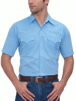 Ely Cattleman 15201605-82 Mens Short Sleeve Solid Western Shirt Light Blue