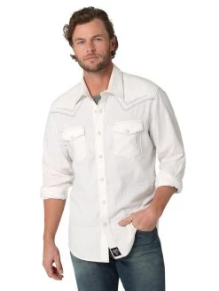 Front Page 4 Wrangler 112324826 Mens Rock 47 Snap Long Sleeve Shirt White
