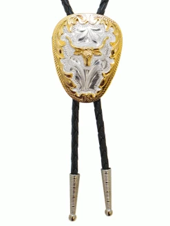 Western Express BT-208 Long Horn On German Silver Bolo Tie Gold And Silver
