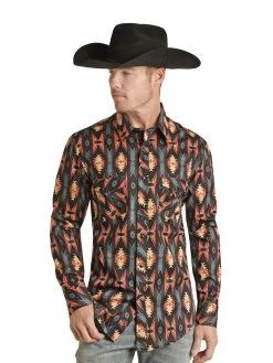 Front Page 6 Rock & Roll Denim RRMSOSR08Q Mens Aztec Stripe Woven Snap Shirt Peach