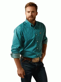 Ariat 10045071 Mens Wrinkle Free Fuller Classic Fit Long Sleeve Shirt Green -Western Cowboy Equipment ov7023c9