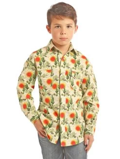 Panhandle B8S2330 Kids Cactus Print Long Sleeve Snap Shirt Mineral