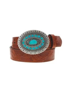 Hooey HWBLT001 Womens Feather Embossed Belt With Faux Turquoise Aztec Scalloped Rodeo Buckle Tan
